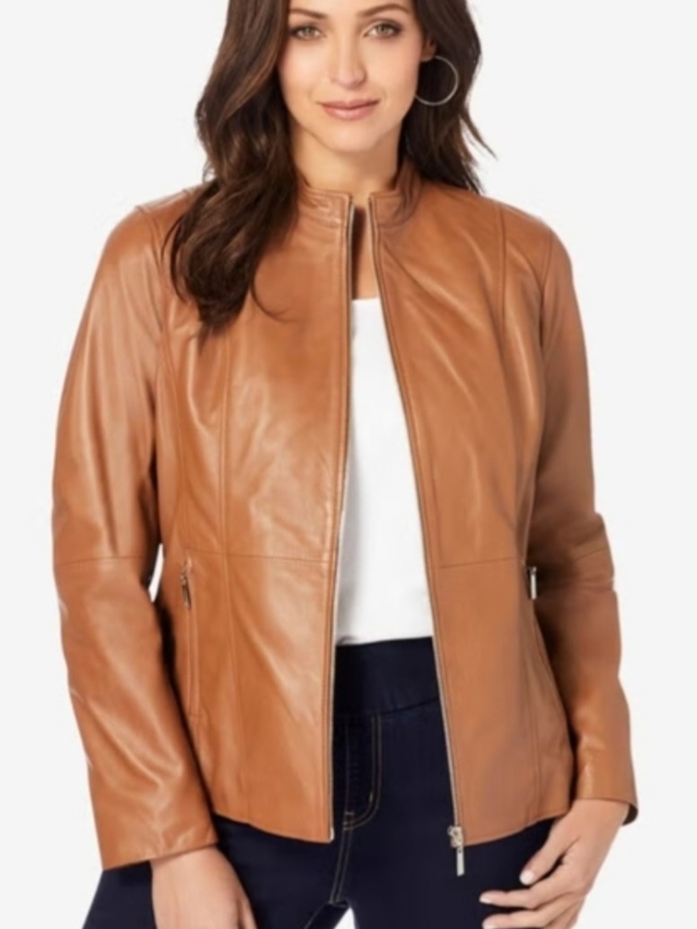 Jessica London Zip Front Moto Cognac Leather Jacket Size 12